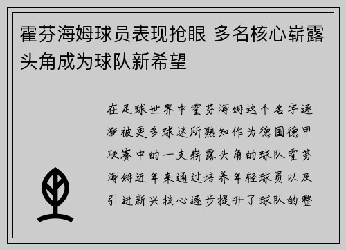 霍芬海姆球员表现抢眼 多名核心崭露头角成为球队新希望